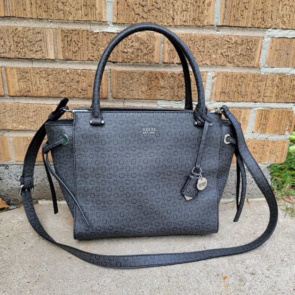 Guess Gray Black Signature Canvas Satchel Tote Crossbody